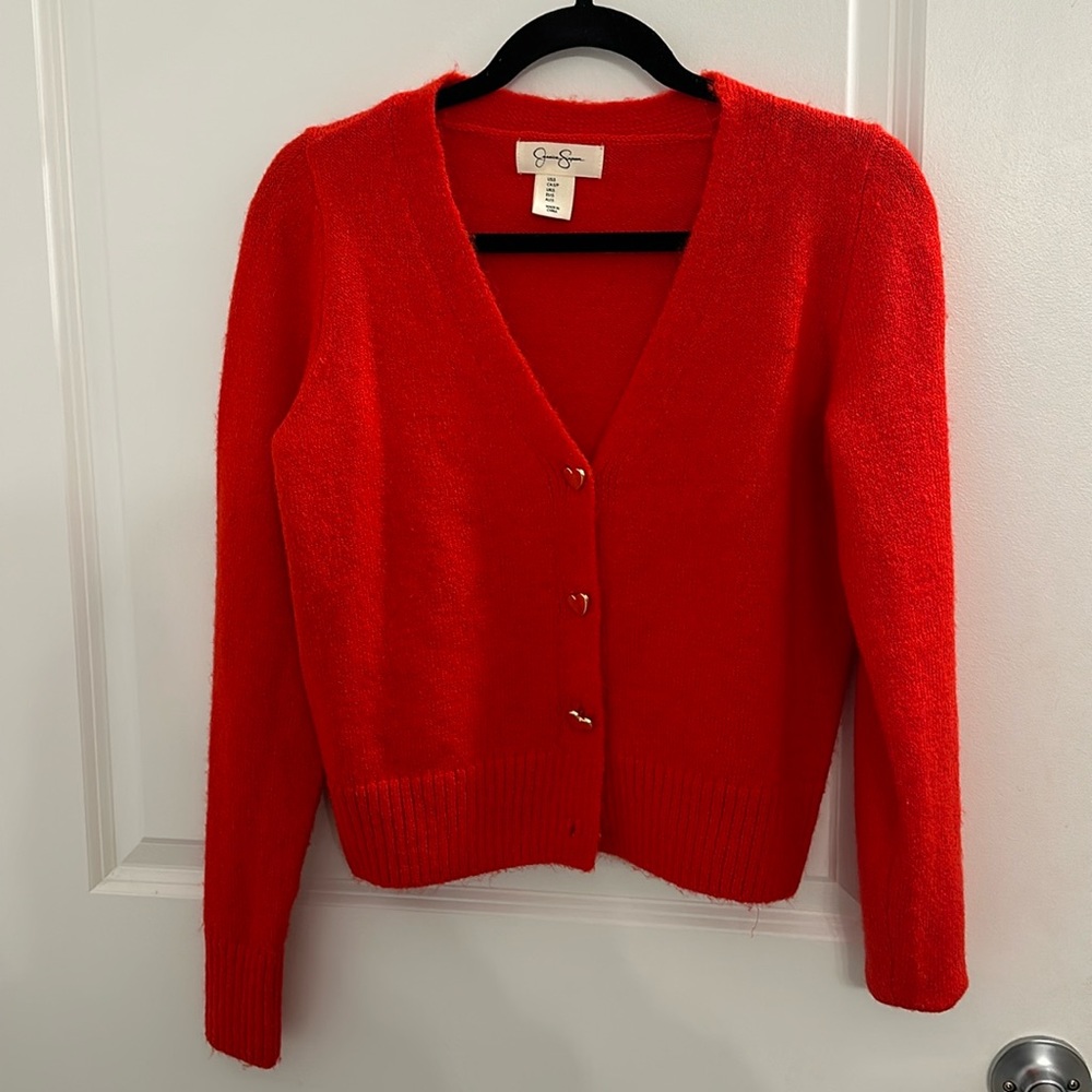 Hot red cardigan with gold heart buttons